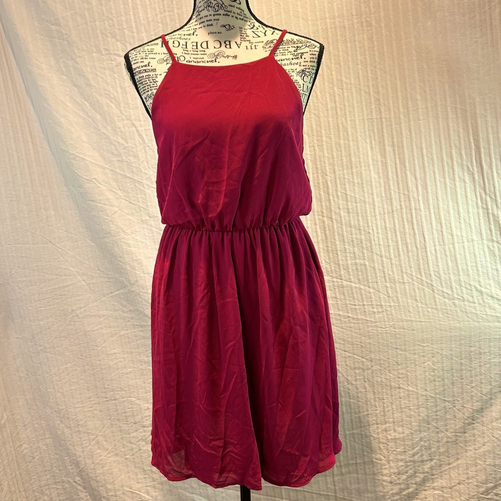 Lush Sz S Red Burgundy Spaghetti Strap Fit & Flare Dress Halter Neck Back Tie